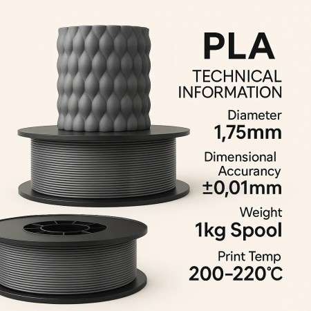 Filetto PLA+ Gri 3D Filament – 1.75mm – 1KG – AMS Uyumlu